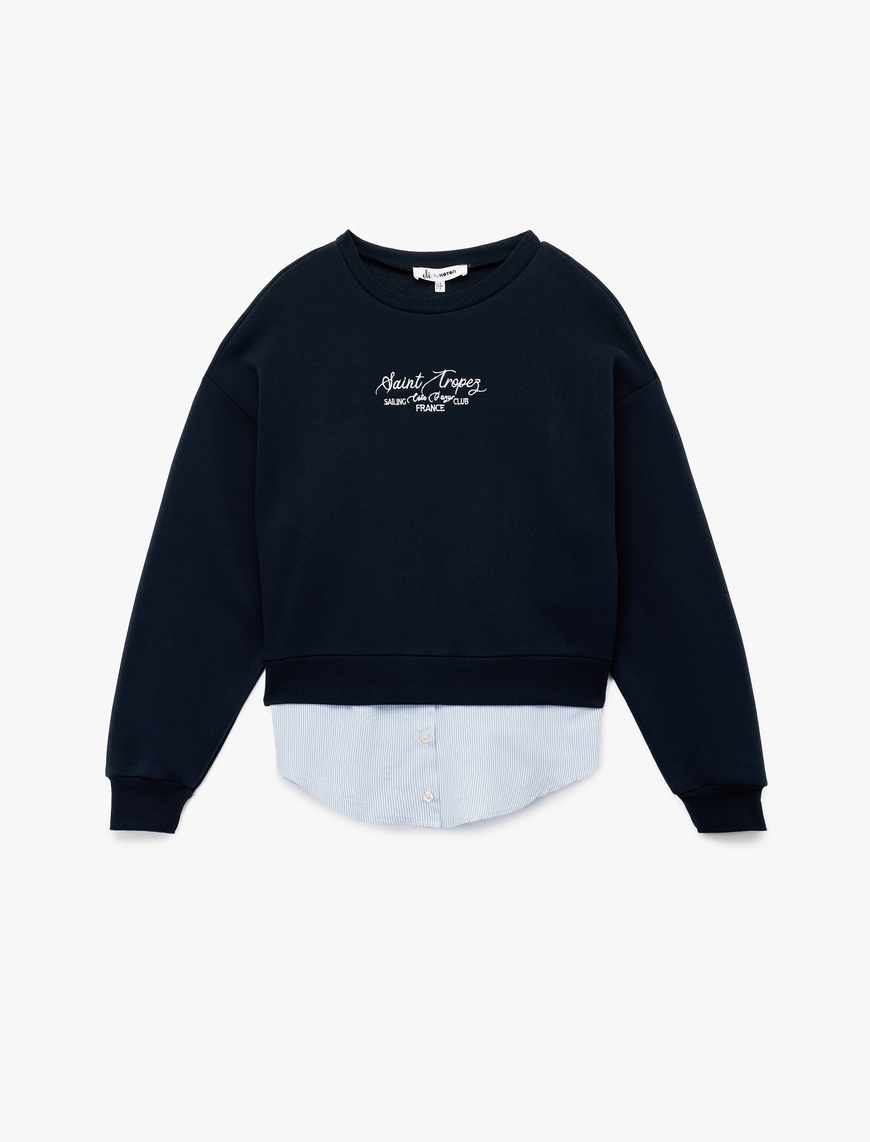   Uzun Kollu Bisiklet Yaka Nakışlı Şardonlu Oversize Sweatshirt