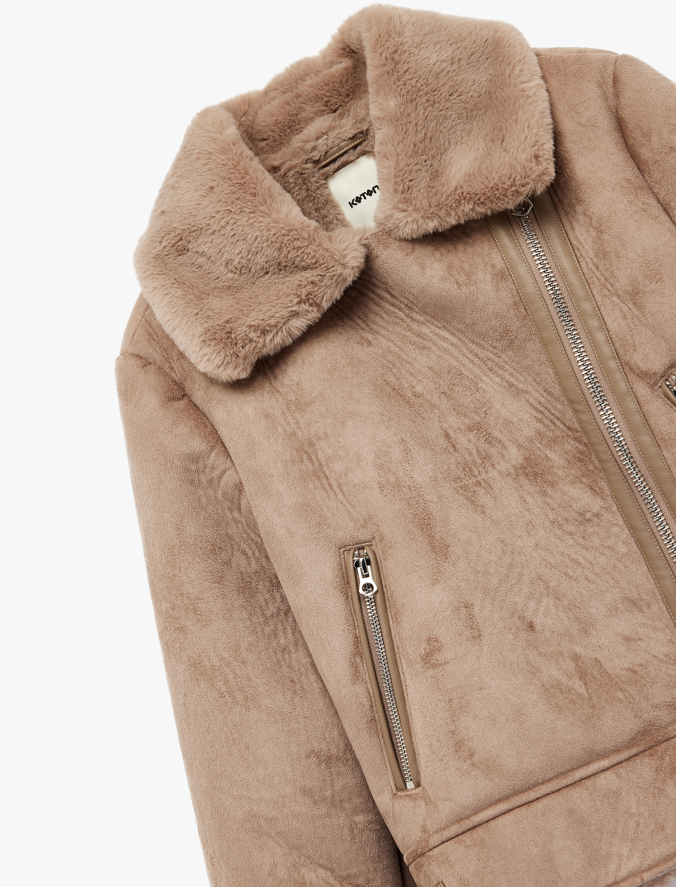   Kruvaze Yaka Uzun Kollu Fermuarlı Cepli Suni Kürk Yaka Crop Suni Süet Ceket