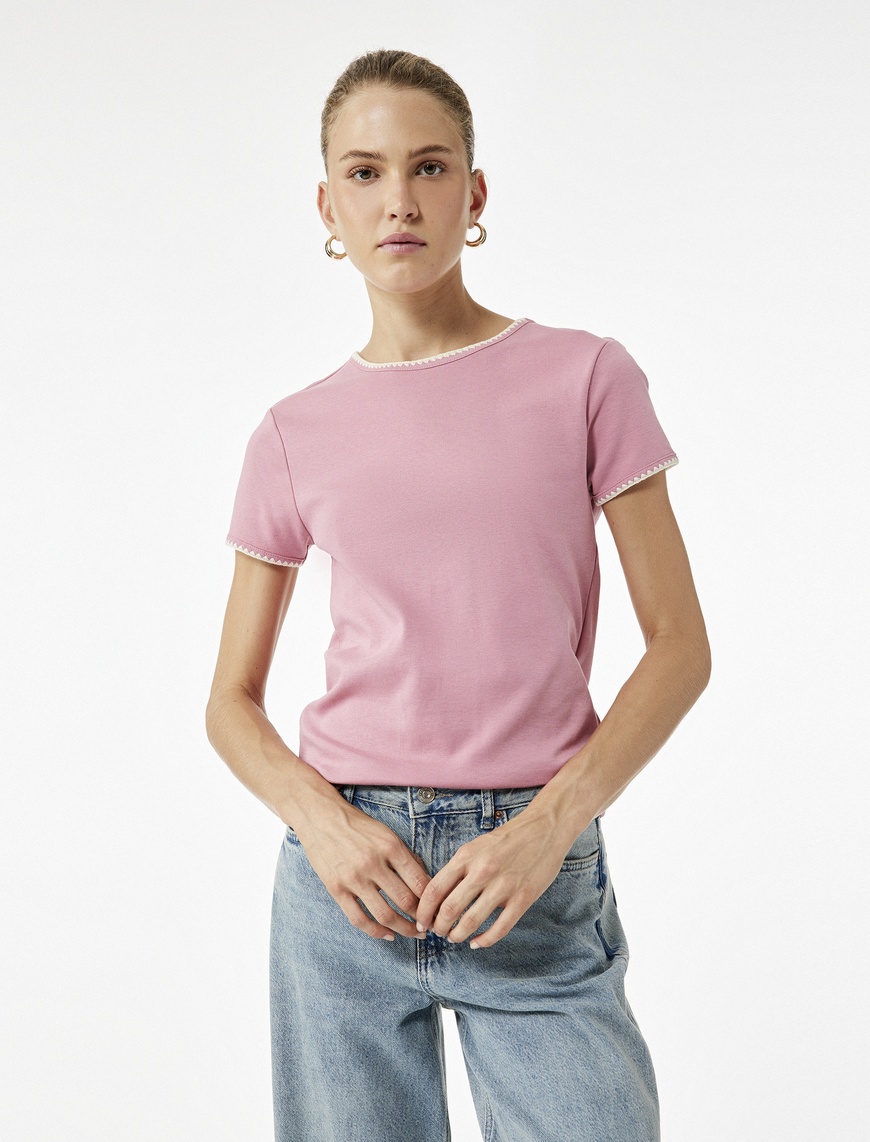   Pamuklu Slim Fit Kısa Kollu Bisiklet Yaka Kroşe Detaylı Tişört
