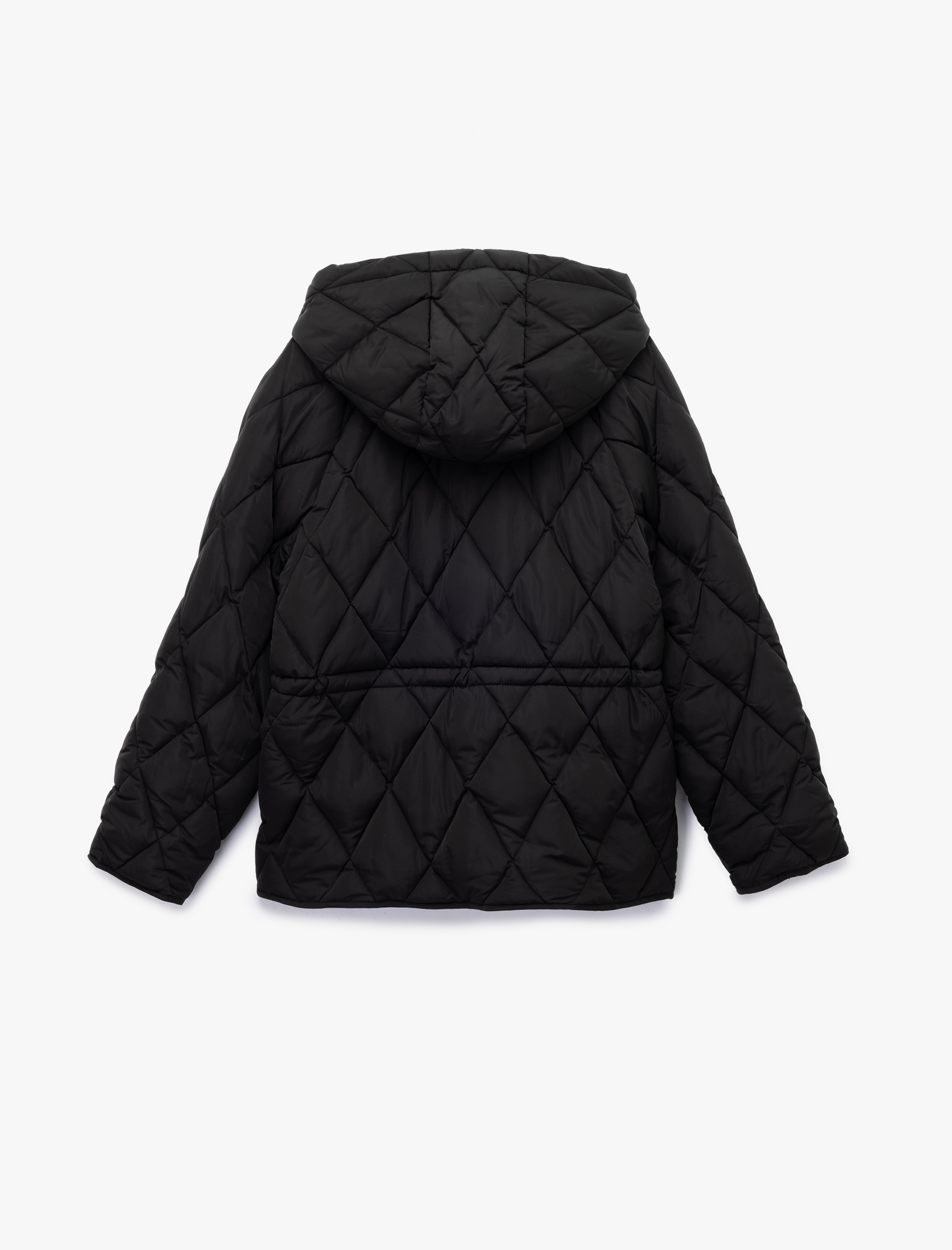   Beli Bağcıklı Uzun Kollu Cepli Su İtici Kapüşonlu Kapitone Şişme Mont