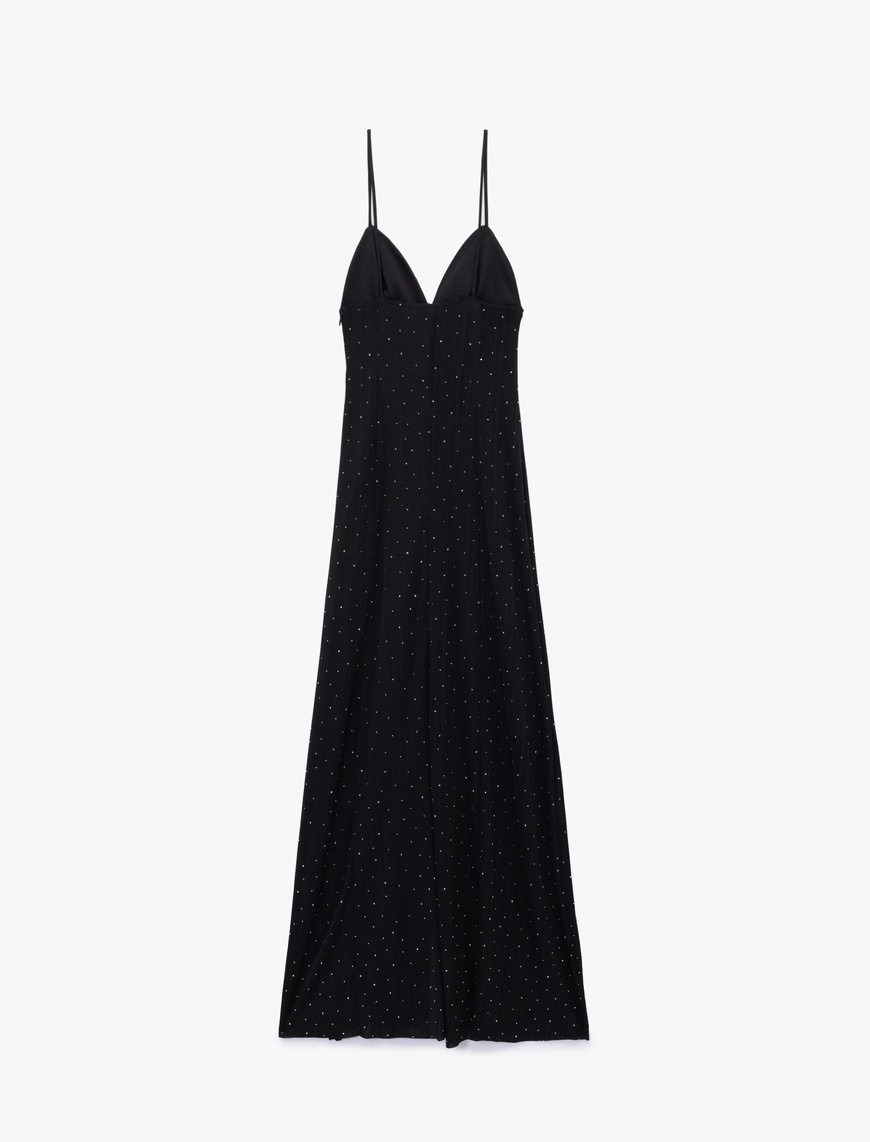   Askılı V Yaka Slim Fit Slip Taşlı Uzun Abiye Elbise