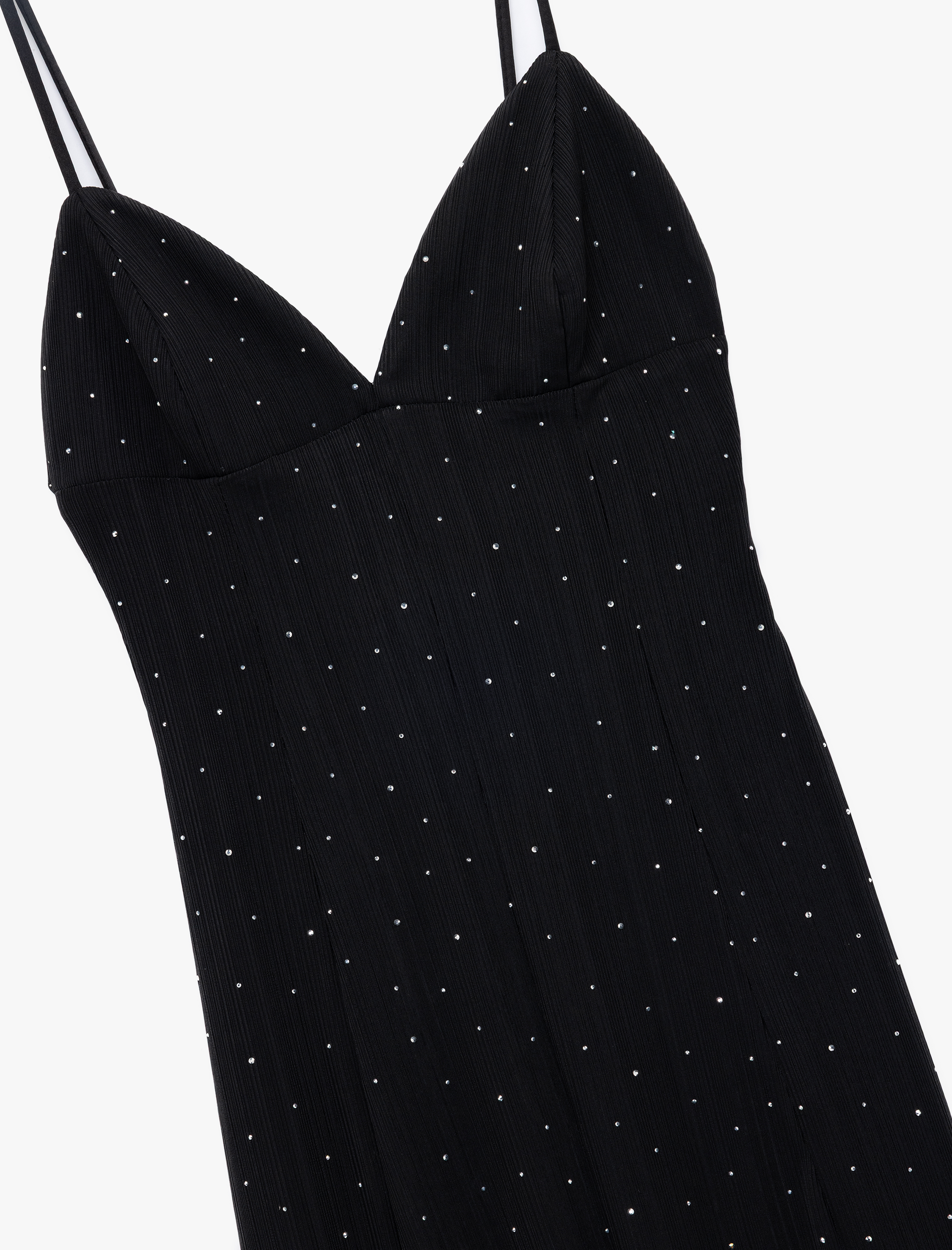   Askılı V Yaka Slim Fit Slip Taşlı Uzun Abiye Elbise