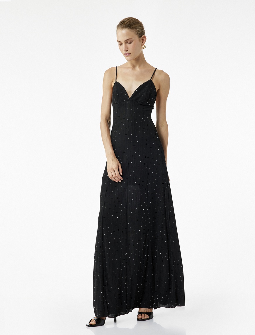   Askılı V Yaka Slim Fit Slip Taşlı Uzun Abiye Elbise