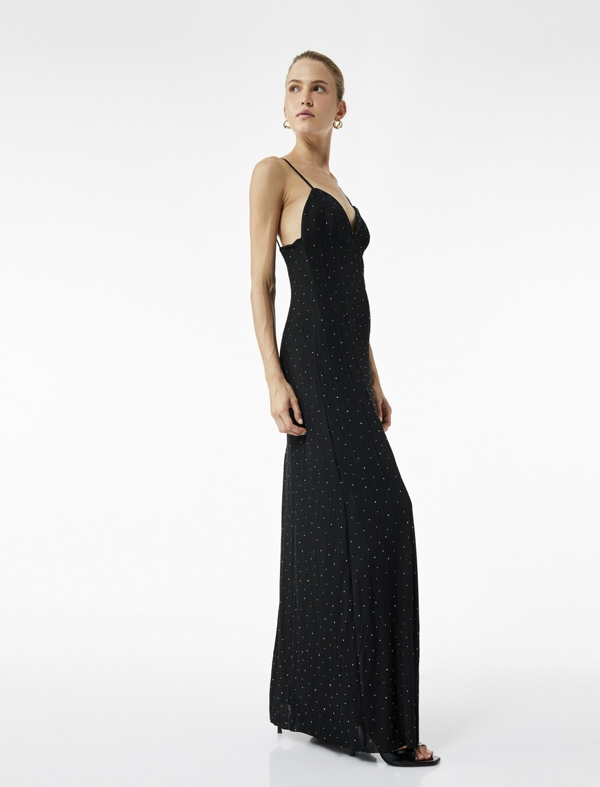   Askılı V Yaka Slim Fit Slip Taşlı Uzun Abiye Elbise