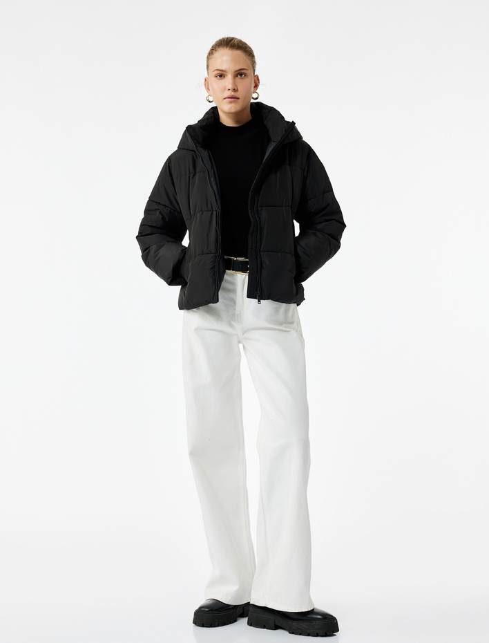  Su İtici Uzun Kollu Cepli Fermuarlı Kapüşonlu Kısa Şişme Mont