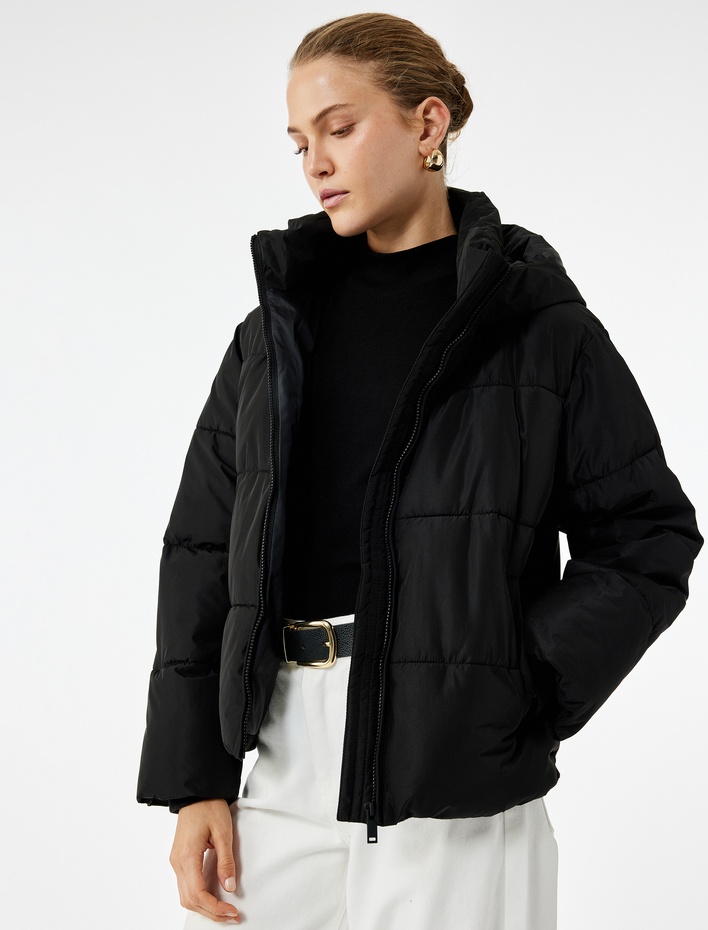  Su İtici Uzun Kollu Cepli Fermuarlı Kapüşonlu Kısa Şişme Mont