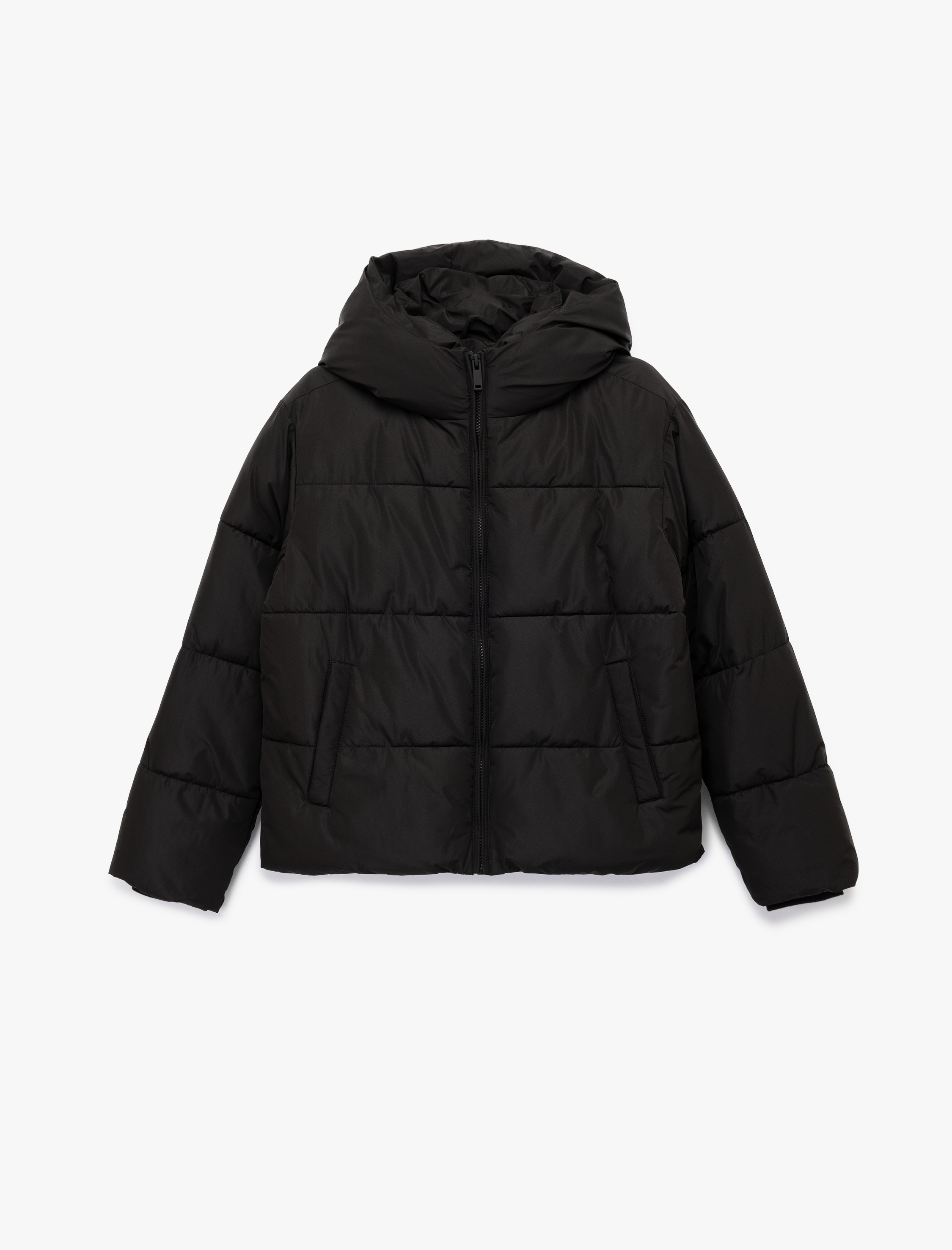   Su İtici Uzun Kollu Cepli Fermuarlı Kapüşonlu Kısa Şişme Mont