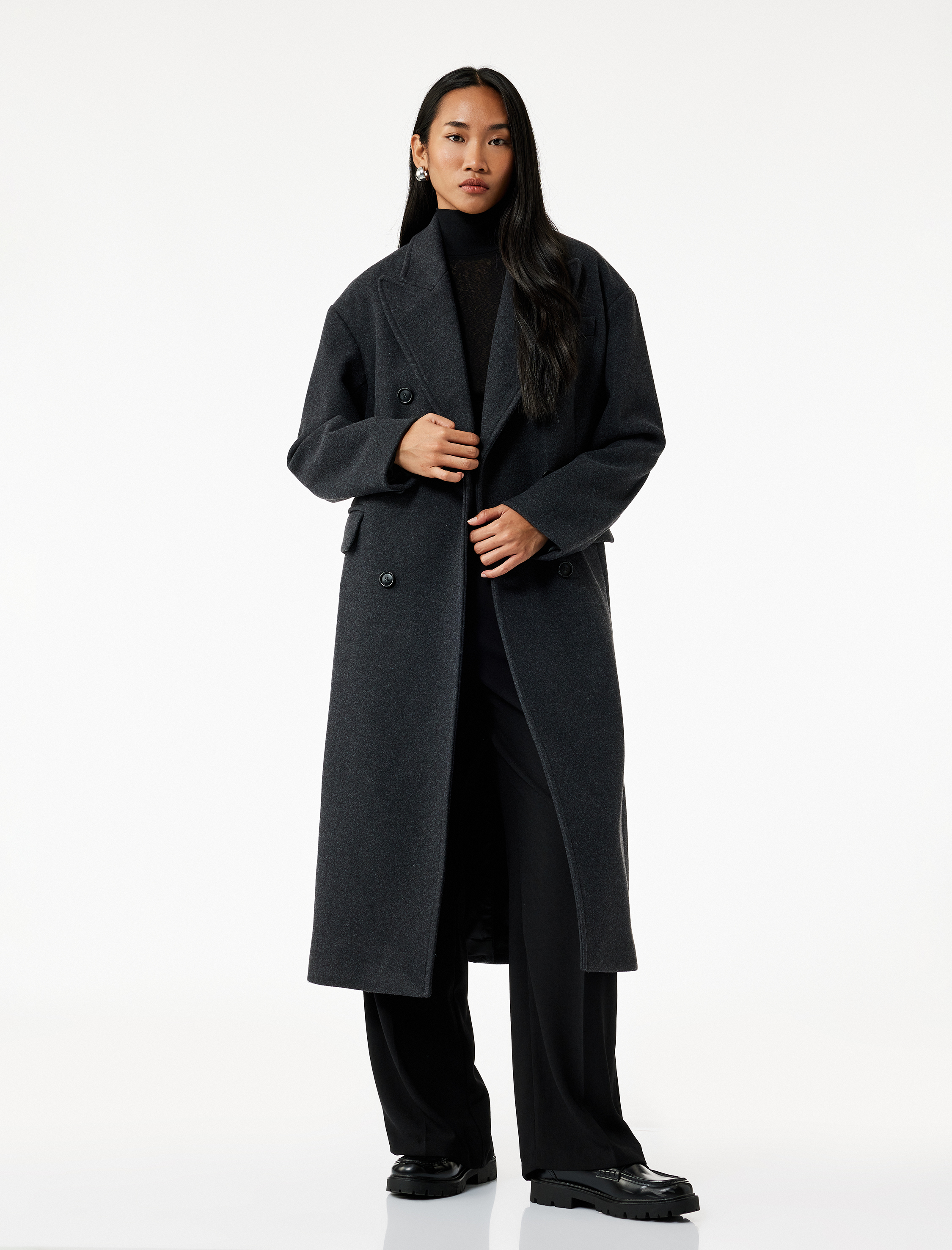   Kruvaze Yaka Uzun Kollu Düğmeli Cepli Uzun Kaşe Kaban