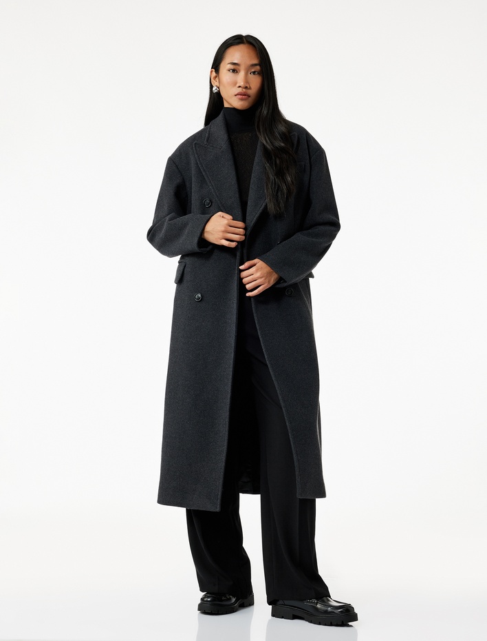  Kruvaze Yaka Uzun Kollu Düğmeli Cepli Uzun Kaşe Kaban