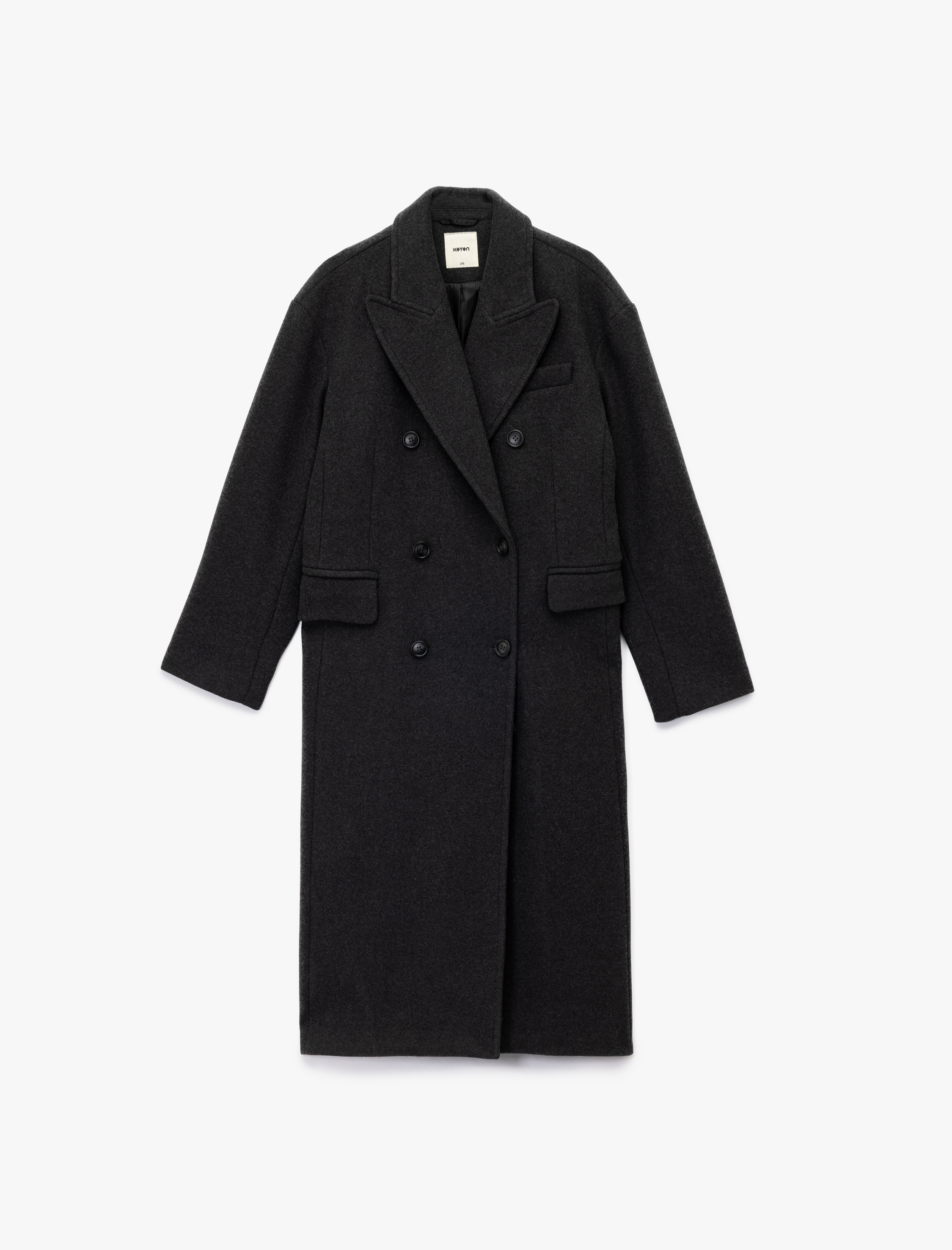   Kruvaze Yaka Uzun Kollu Düğmeli Cepli Uzun Kaşe Kaban