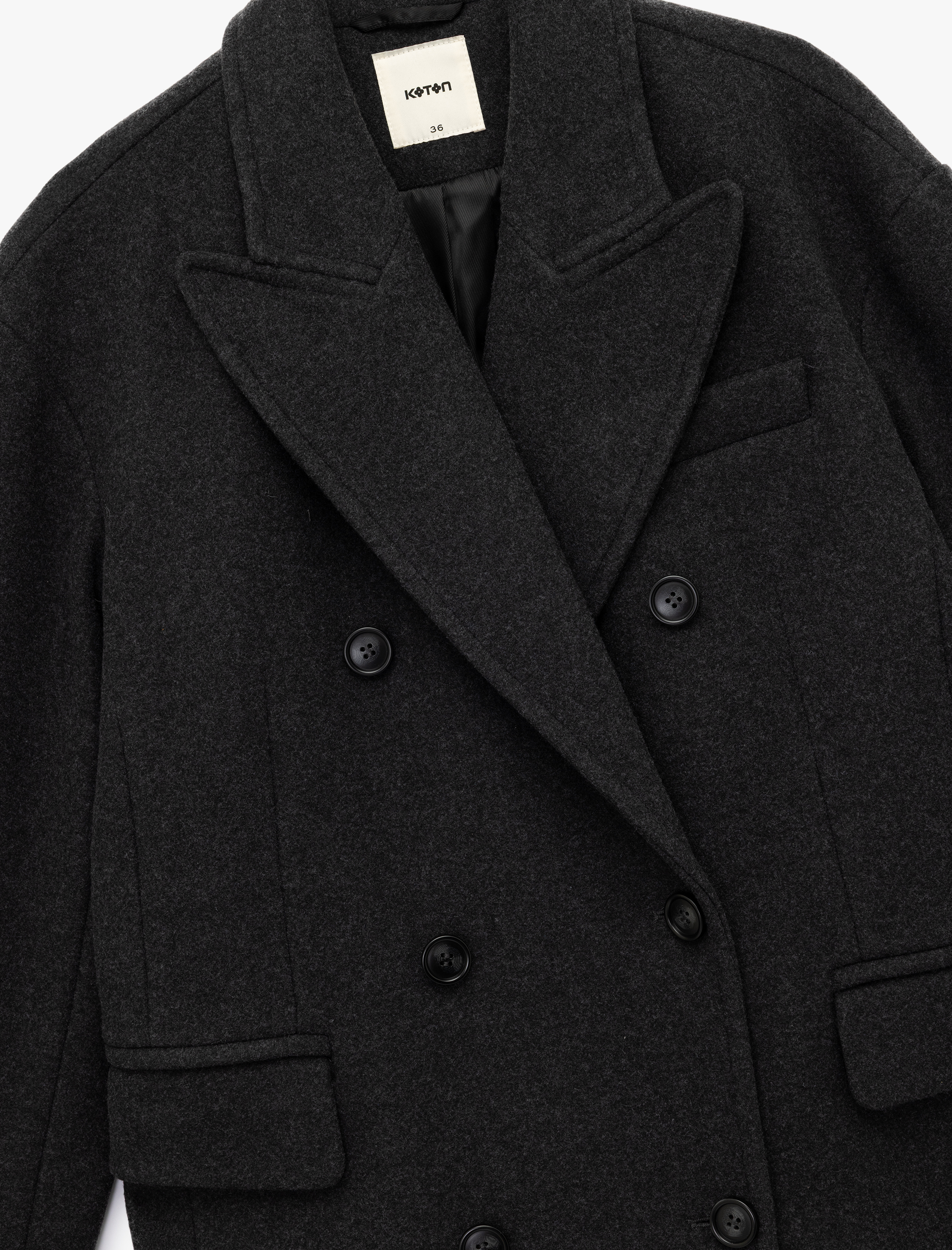   Kruvaze Yaka Uzun Kollu Düğmeli Cepli Uzun Kaşe Kaban