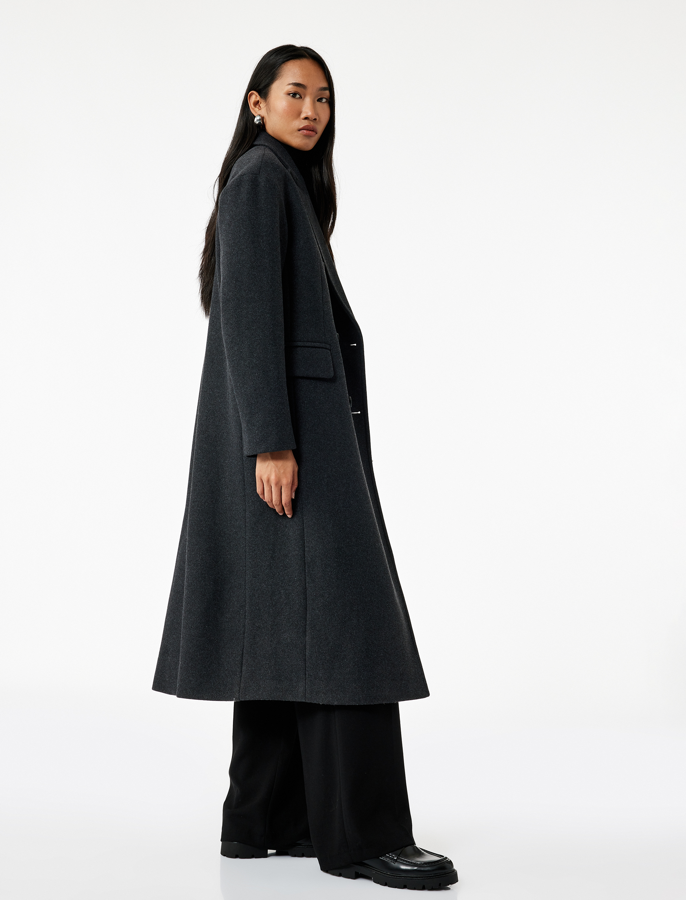   Kruvaze Yaka Uzun Kollu Düğmeli Cepli Uzun Kaşe Kaban