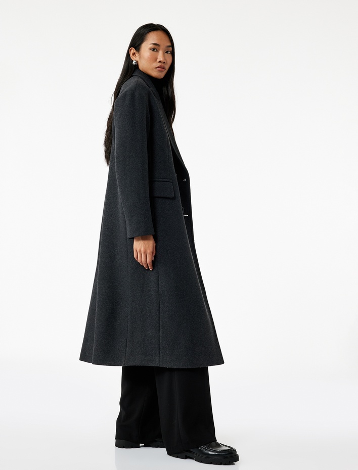  Kruvaze Yaka Uzun Kollu Düğmeli Cepli Uzun Kaşe Kaban