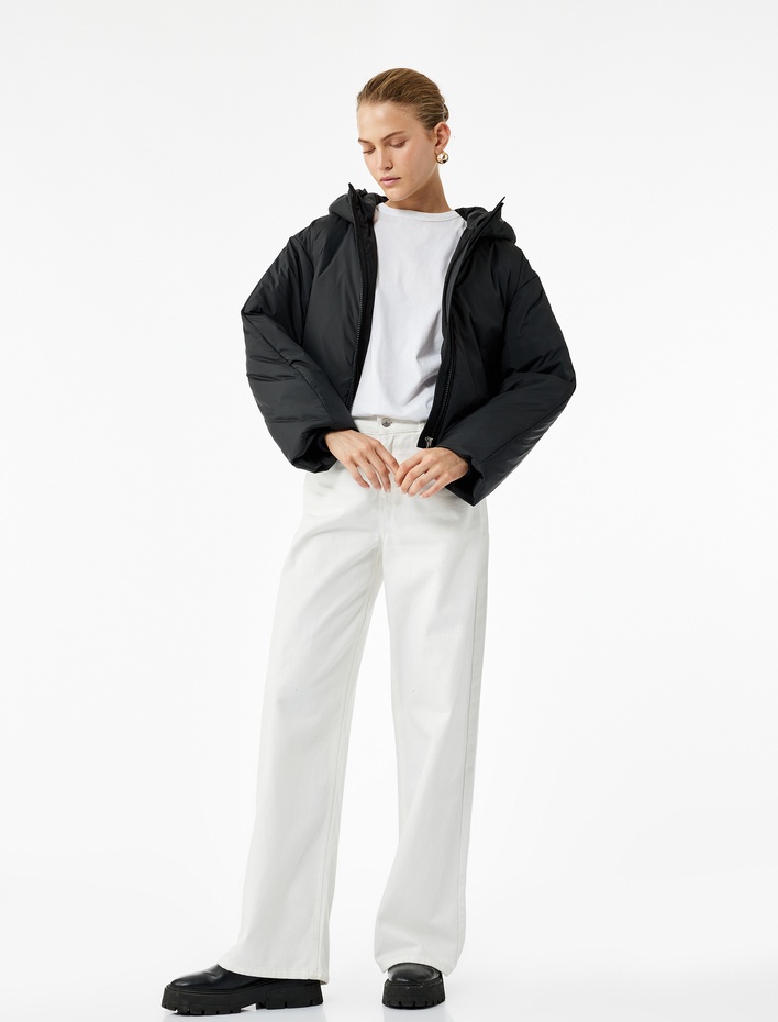  Fermuarlı Uzun Kollu Su İtici Kapüşonlu Crop Şişme Mont