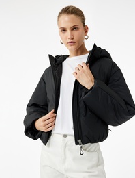 Fermuarlı Uzun Kollu Su İtici Kapüşonlu Crop Şişme Mont