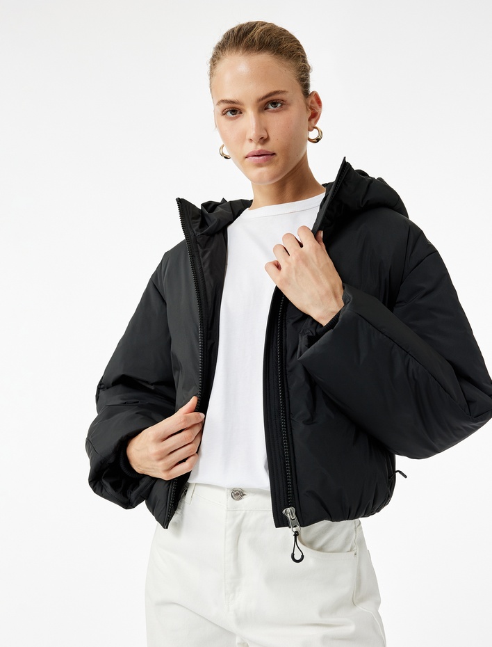  Fermuarlı Uzun Kollu Su İtici Kapüşonlu Crop Şişme Mont