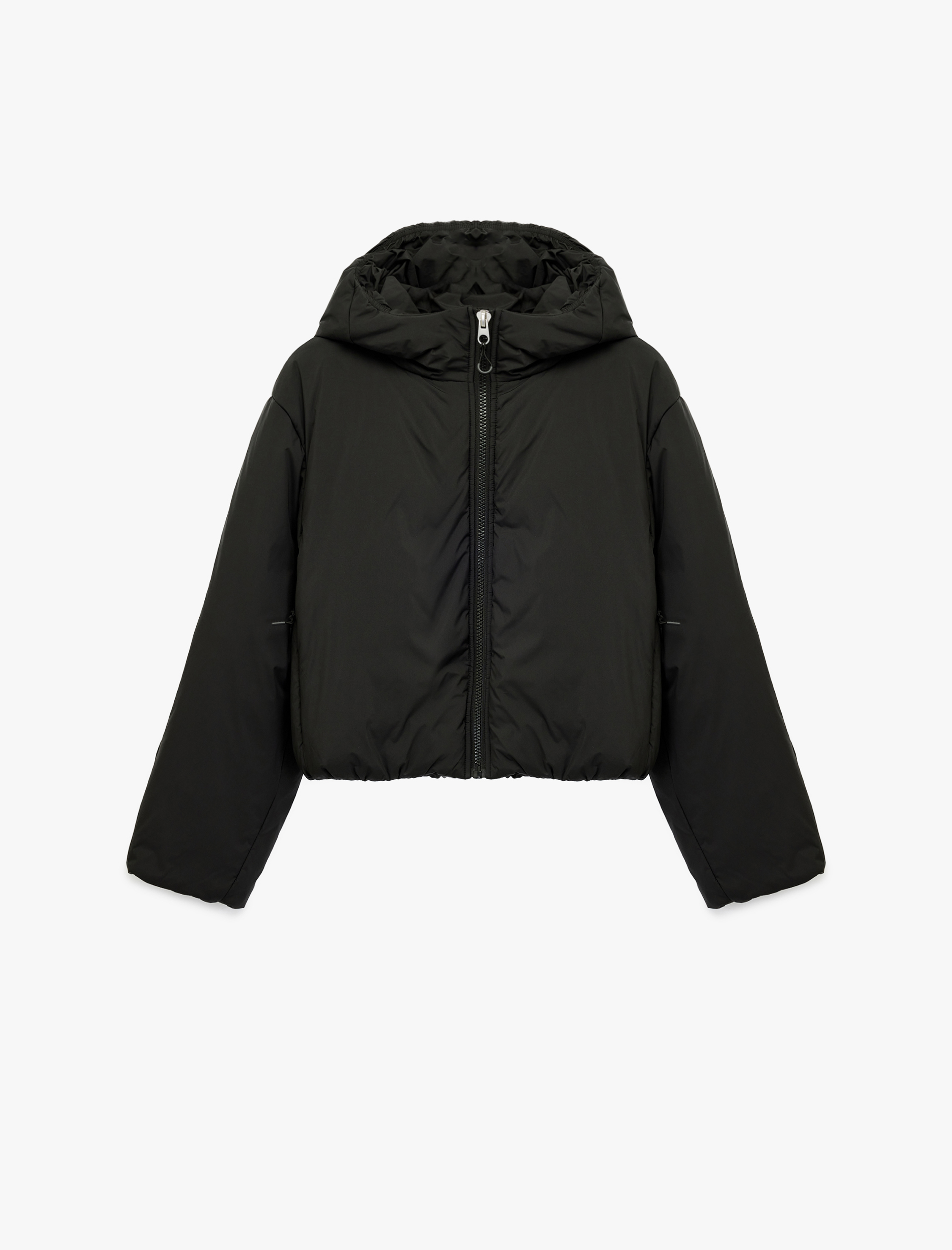   Fermuarlı Uzun Kollu Su İtici Kapüşonlu Crop Şişme Mont