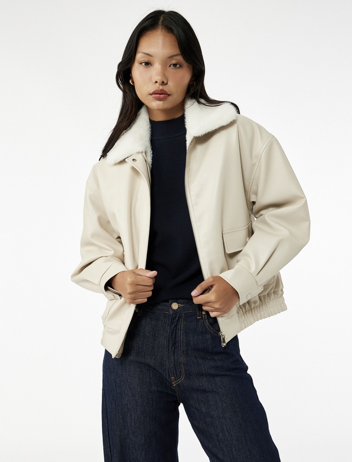  Suni Kürk Yaka Rahat Kalıp Fermuarlı Cep Detaylı Bomber Ceket