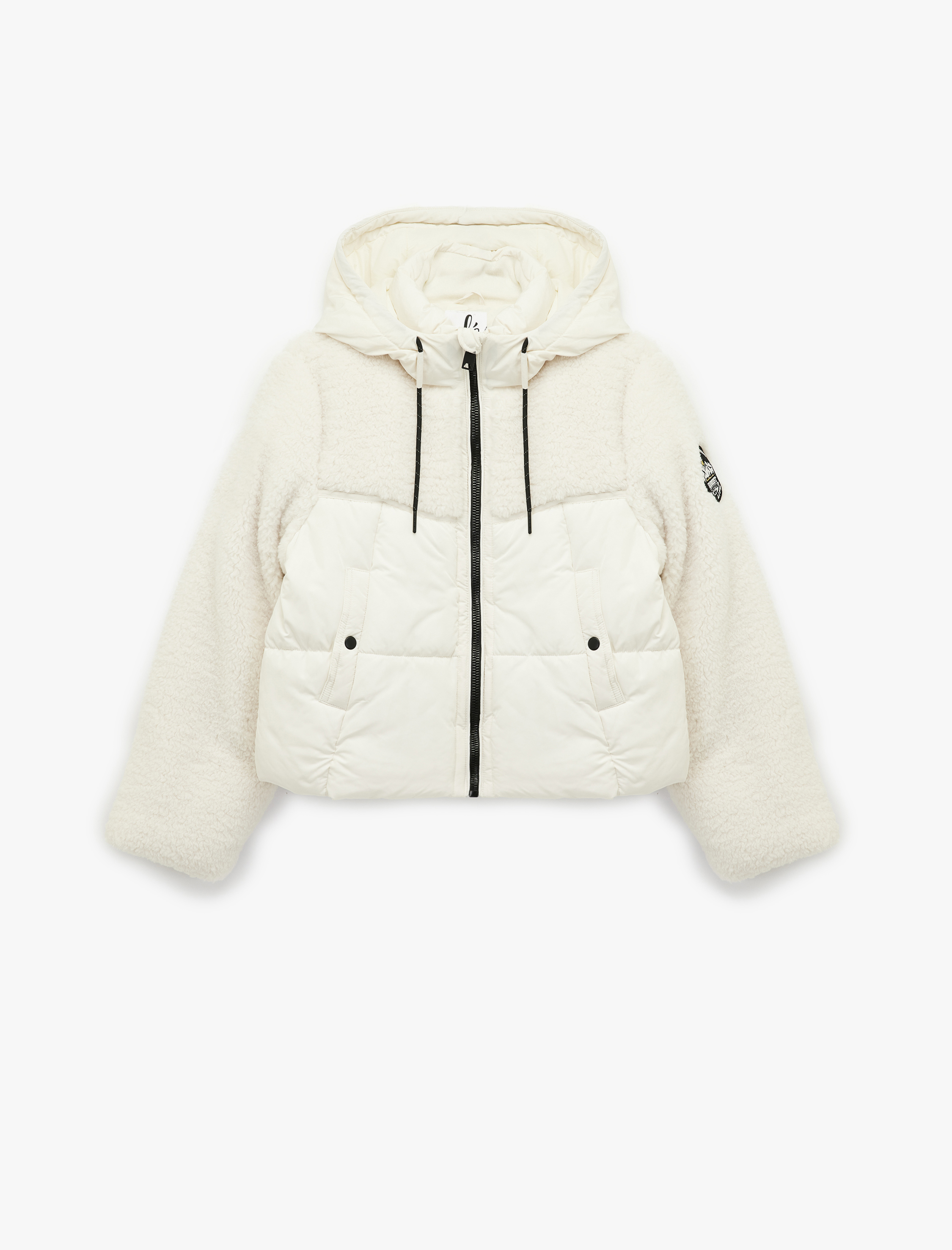 Kapüşonlu Uzun Kollu Peluş Detaylı Baskılı Şişme Mont