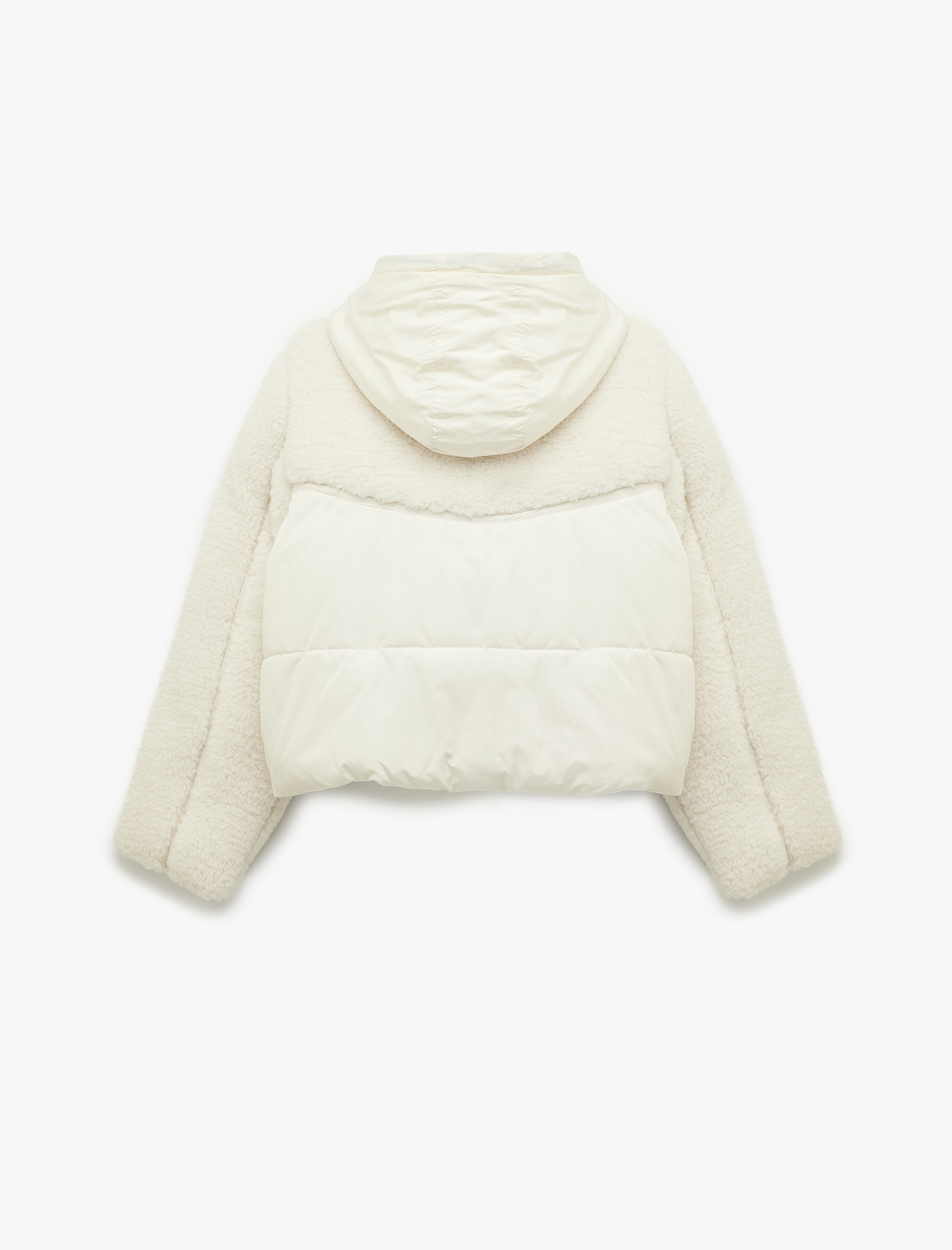 Kapüşonlu Uzun Kollu Peluş Detaylı Baskılı Şişme Mont