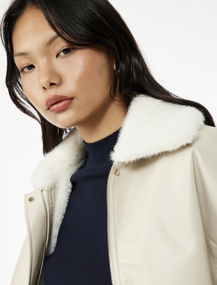  Suni Kürk Yaka Rahat Kalıp Fermuarlı Cep Detaylı Bomber Ceket