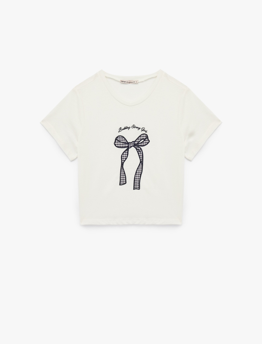   Pamuklu Kısa Kollu Bisiklet Yaka Fiyonk İşleme Detaylı Pijama Üstü