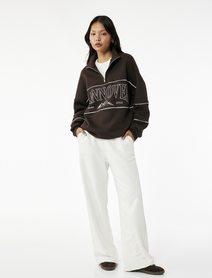  Oversize Uzun Kollu Fermuarlı Yaka Şardonlu Sweatshirt