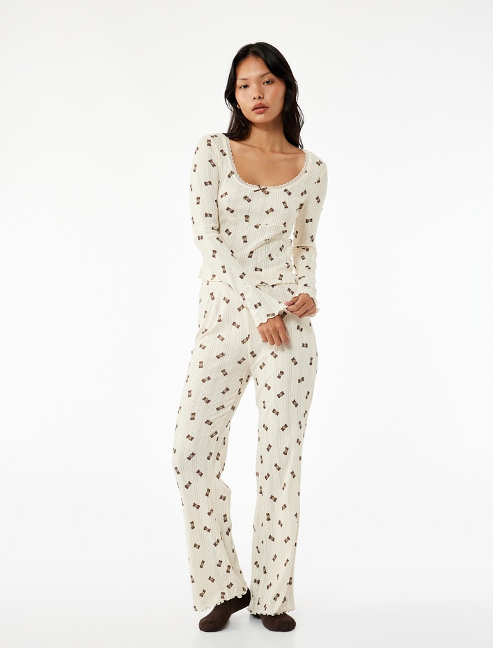  Pamuklu Rahat Kalıp Ayıcık Baskılı Pijama Altı