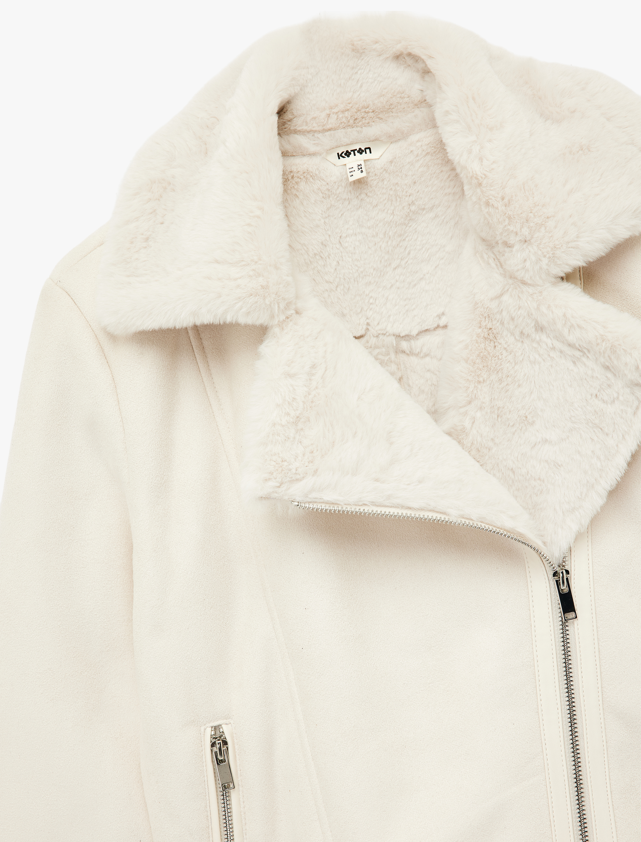   Cepli Fermuarlı Uzun Kollu Peluş Yaka Süet Görünümlü Crop Biker Ceket