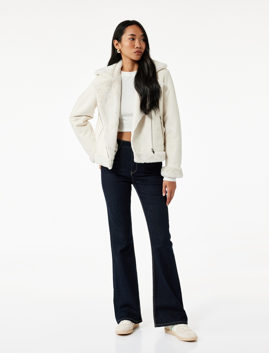   Cepli Fermuarlı Uzun Kollu Peluş Yaka Süet Görünümlü Crop Biker Ceket