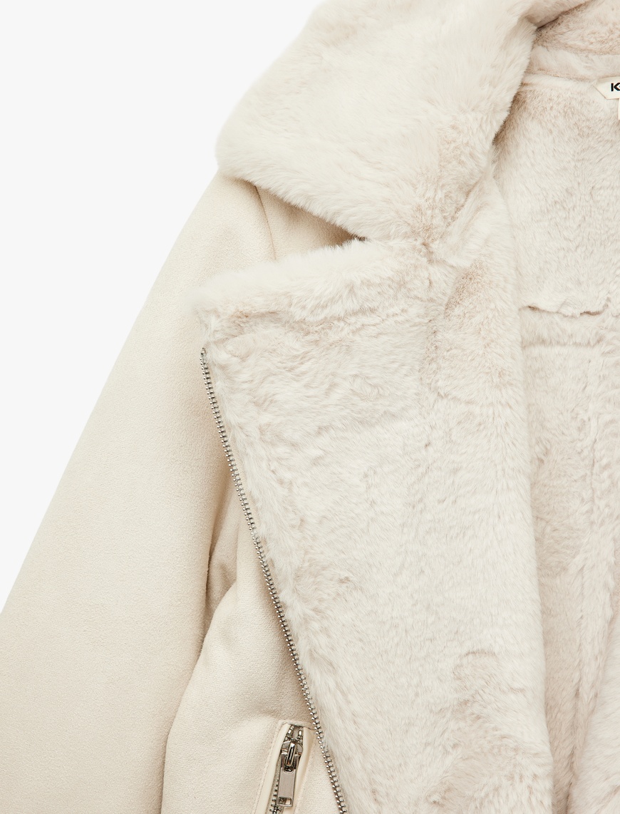   Cepli Fermuarlı Uzun Kollu Peluş Yaka Süet Görünümlü Crop Biker Ceket
