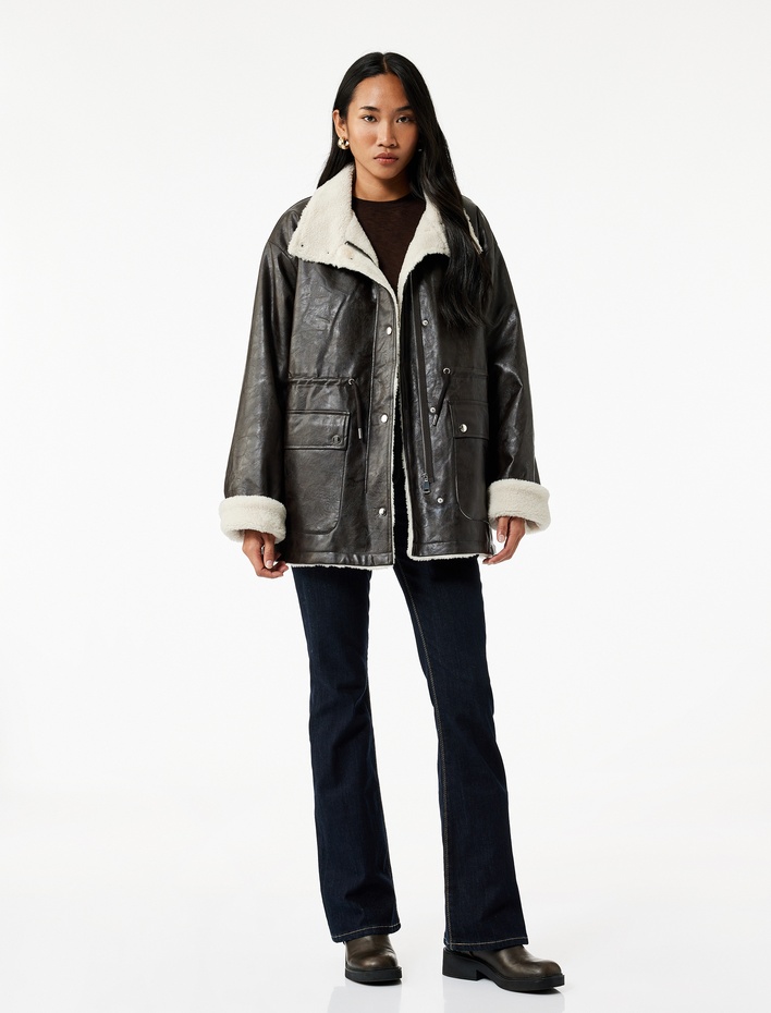  Koton X Sibil Çetinkaya - Bonded Kaban Uzun Kollu Kruvaze İçi Peluş Astarlı