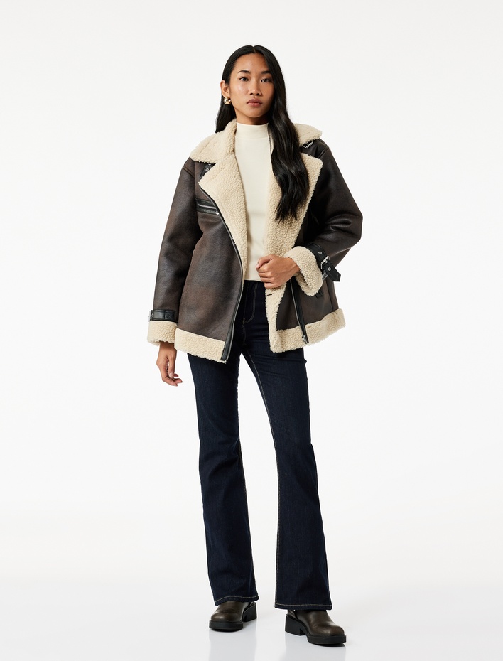  Peluş Yaka Astarlı Uzun Kollu Cepli Fermuarlı Deri Görünümlü Ceket