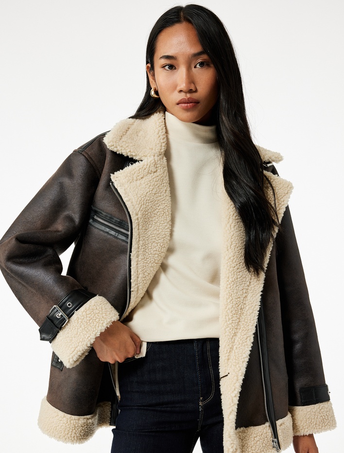  Peluş Yaka Astarlı Uzun Kollu Cepli Fermuarlı Deri Görünümlü Ceket