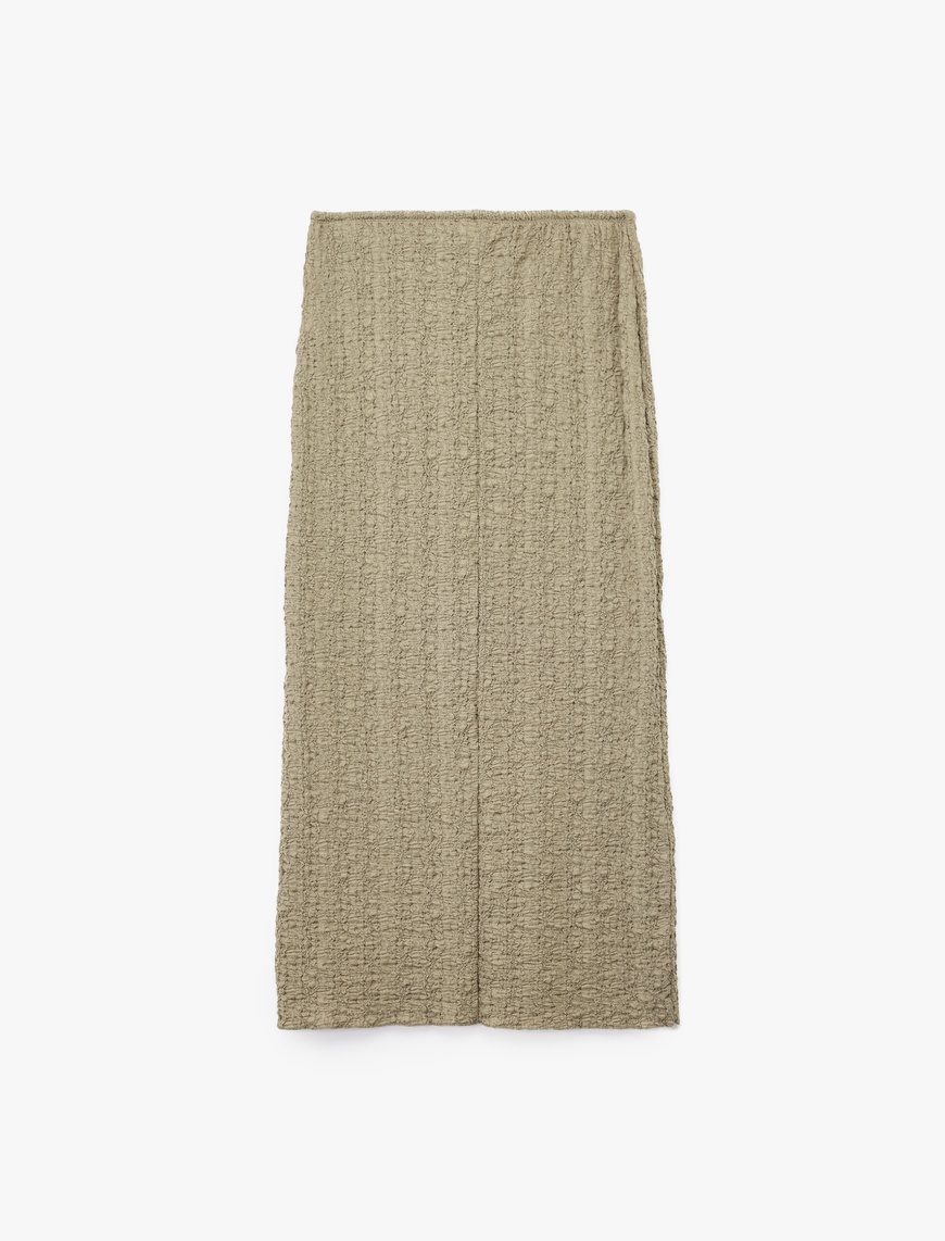   Beli Bağcıklı Slim Fit Bürümcük Kumaş Dokulu Midi Kalem Etek
