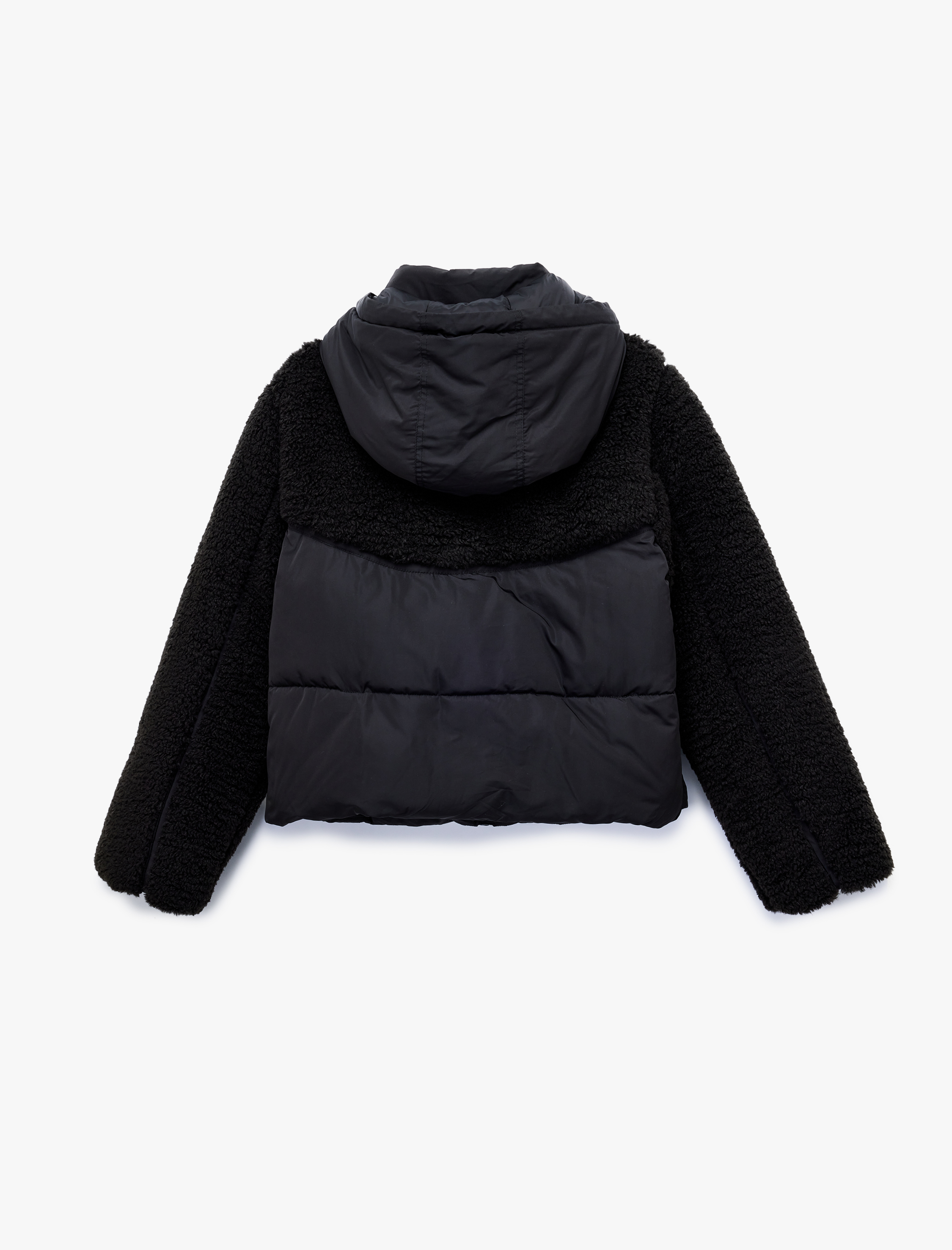 Kapüşonlu Uzun Kollu Peluş Detaylı Baskılı Şişme Mont