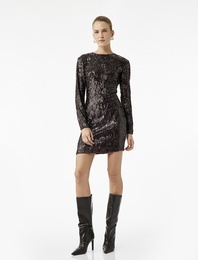 Uzun Kollu Bisiklet Yaka Payetli Sırt Detaylı Mini Abiye Elbise