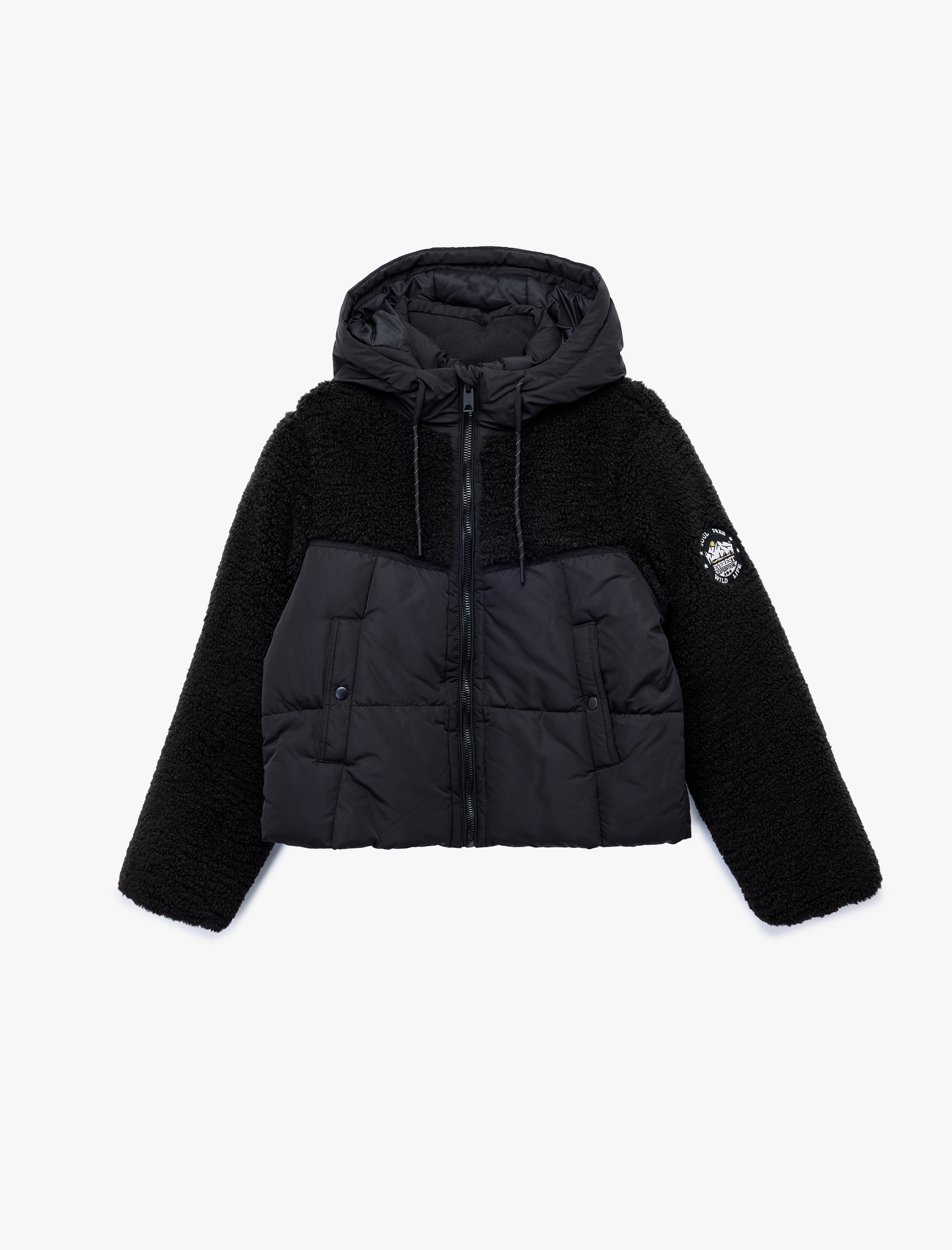 Kapüşonlu Uzun Kollu Peluş Detaylı Baskılı Şişme Mont