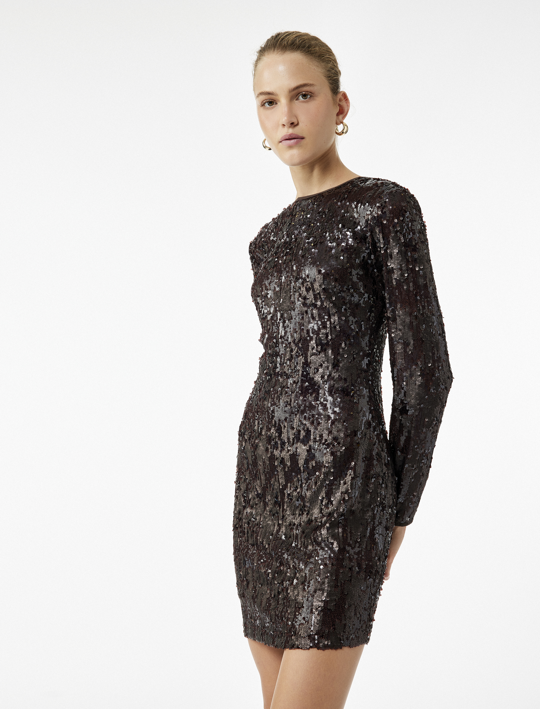   Uzun Kollu Bisiklet Yaka Payetli Sırt Detaylı Mini Abiye Elbise