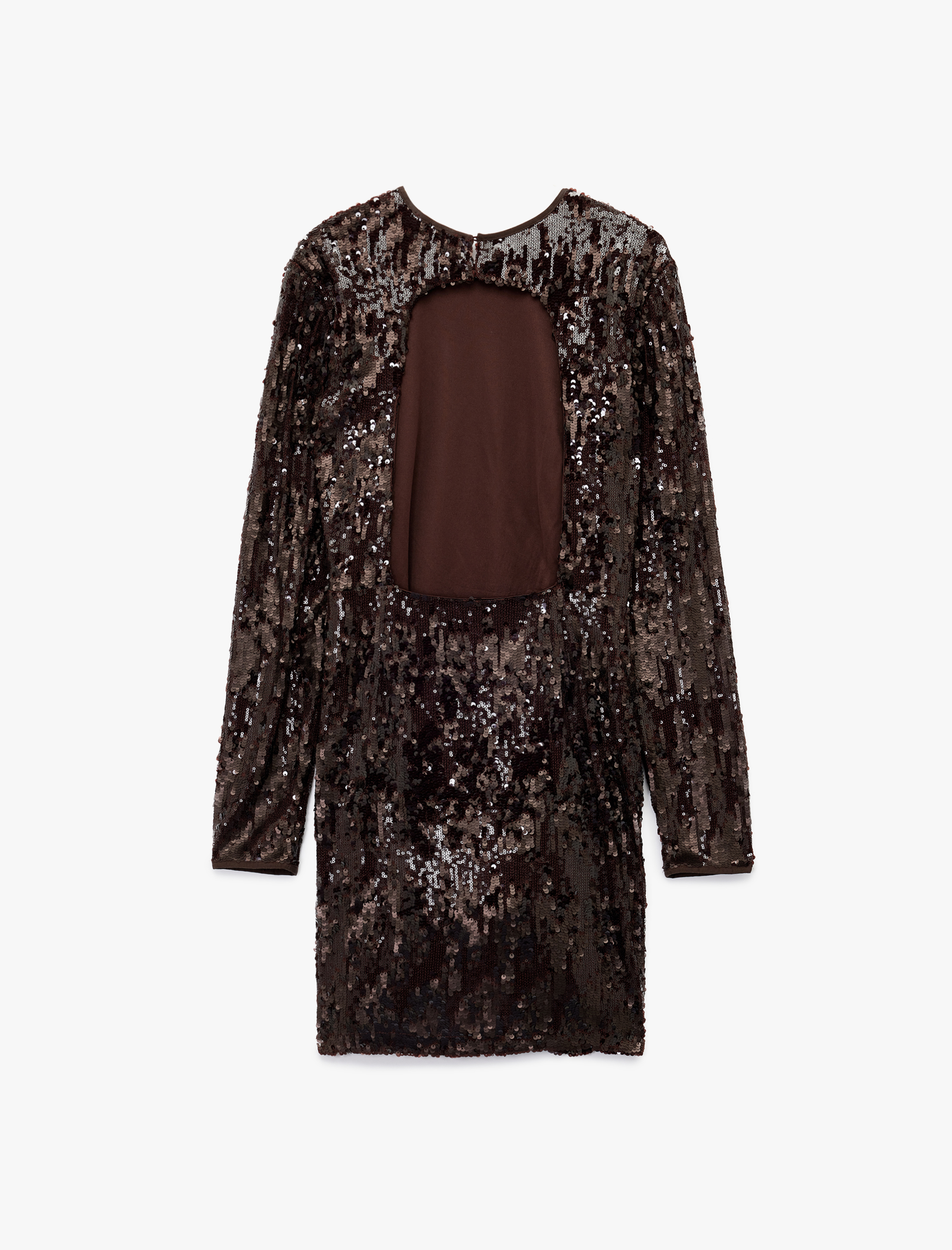   Uzun Kollu Bisiklet Yaka Payetli Sırt Detaylı Mini Abiye Elbise