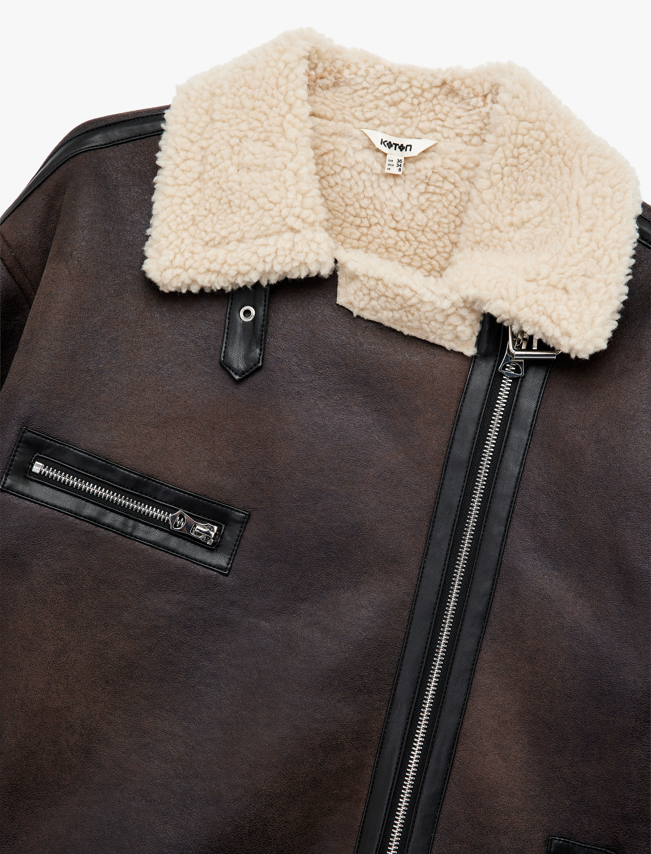   Peluş Yaka Astarlı Uzun Kollu Cepli Fermuarlı Deri Görünümlü Ceket