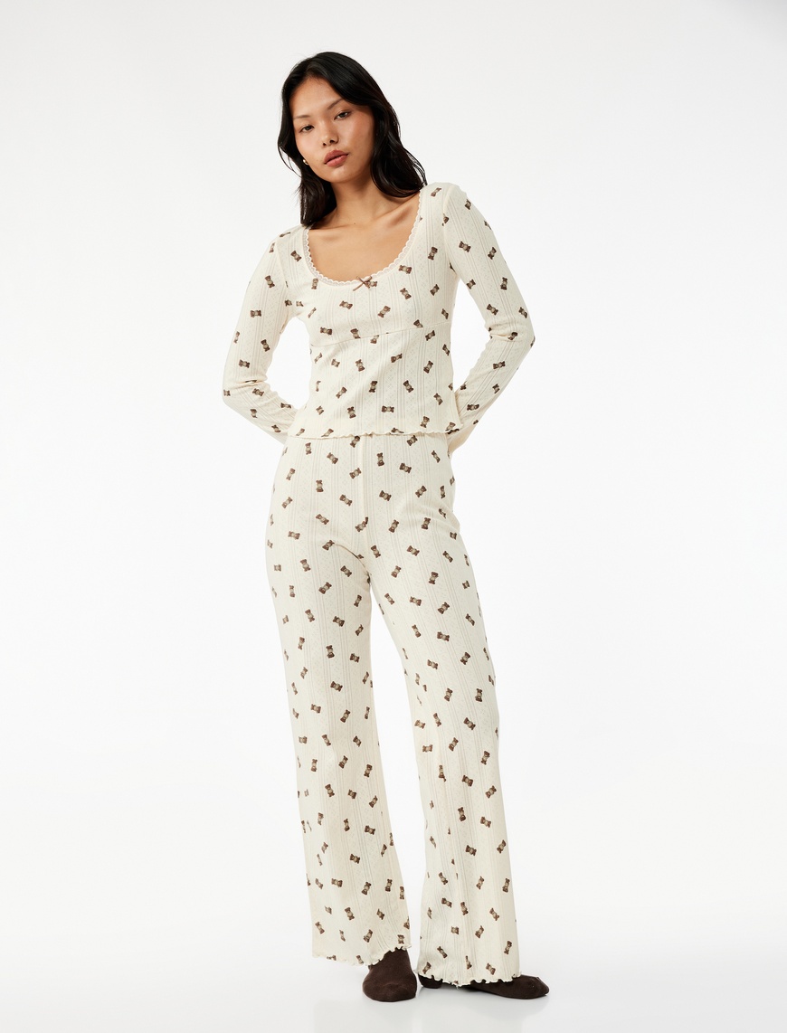   Pamuklu Uzun Kollu U Yaka Ayıcık Baskılı Crop Pijama Üstü