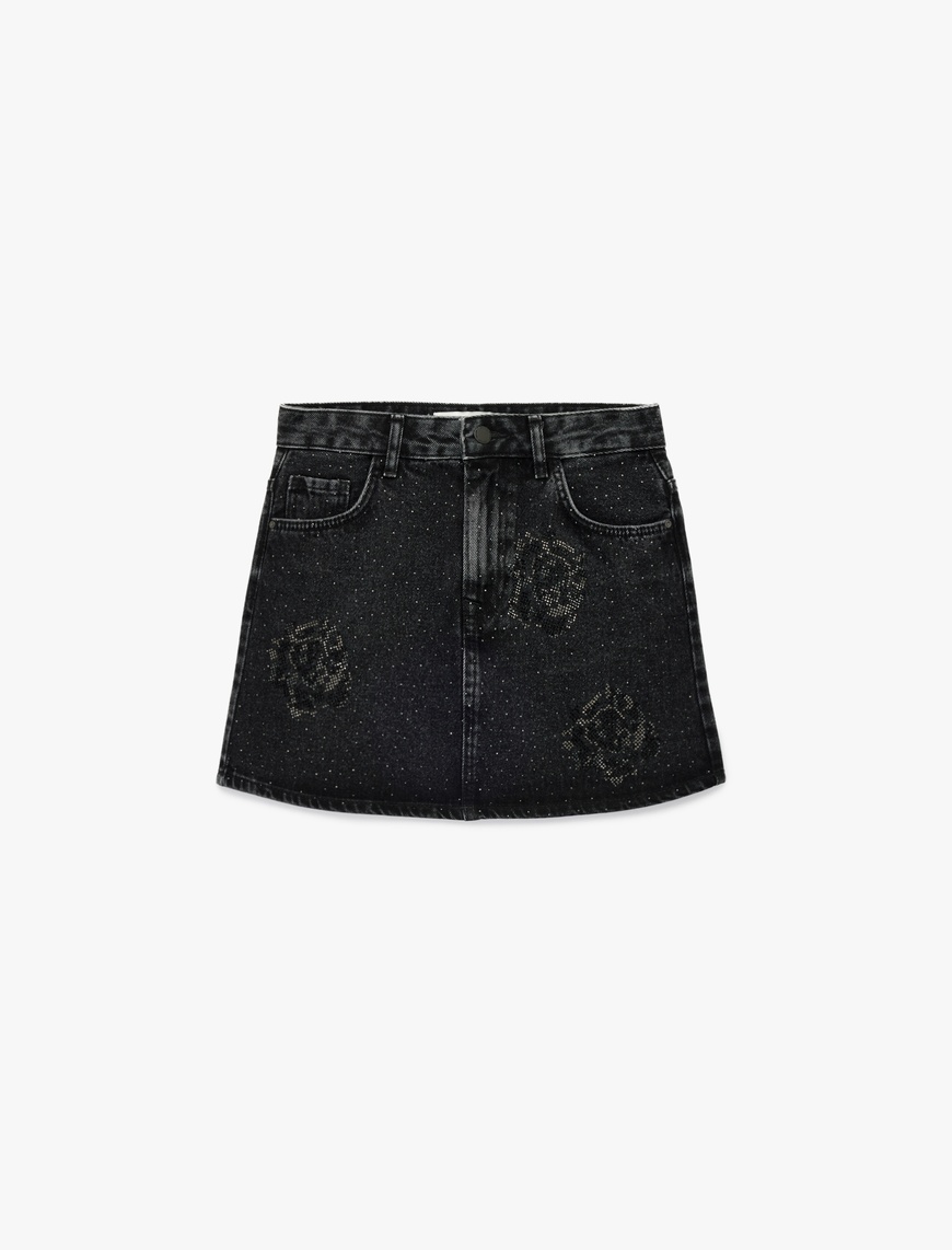   Taş Detaylı Cepli Pamuklu Mini Denim Etek