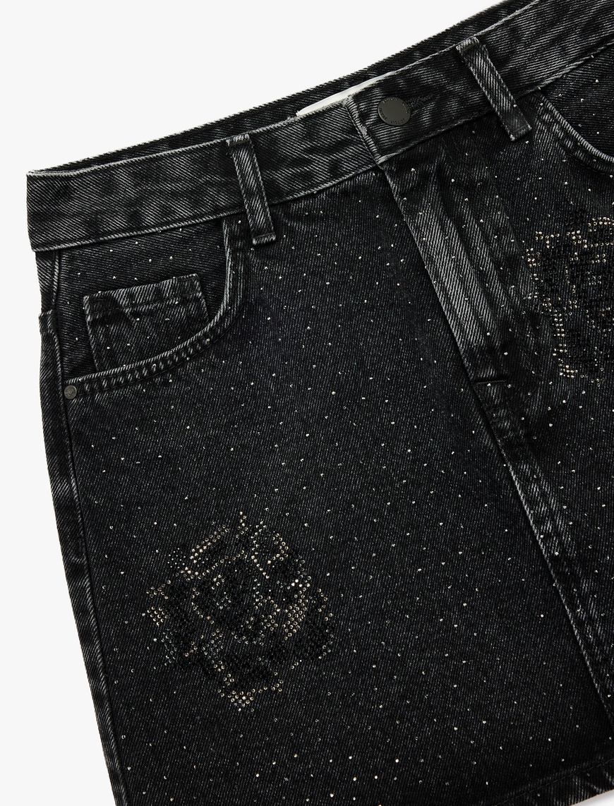   Taş Detaylı Cepli Pamuklu Mini Denim Etek