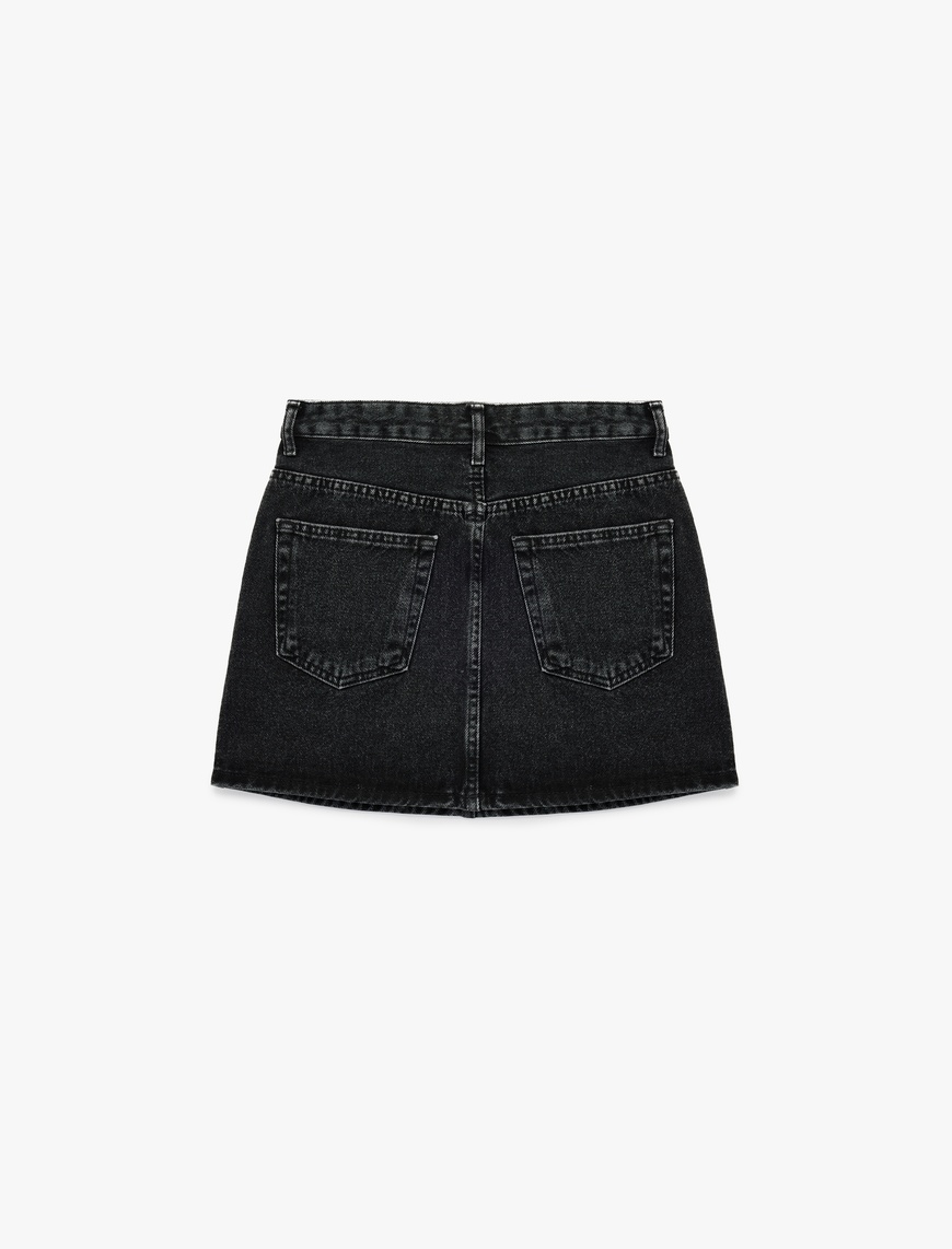   Taş Detaylı Cepli Pamuklu Mini Denim Etek