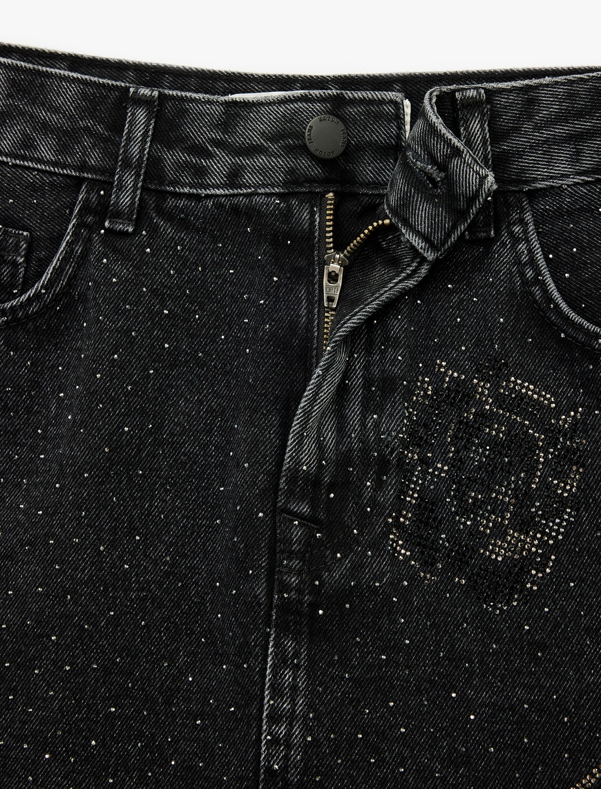   Taş Detaylı Cepli Pamuklu Mini Denim Etek