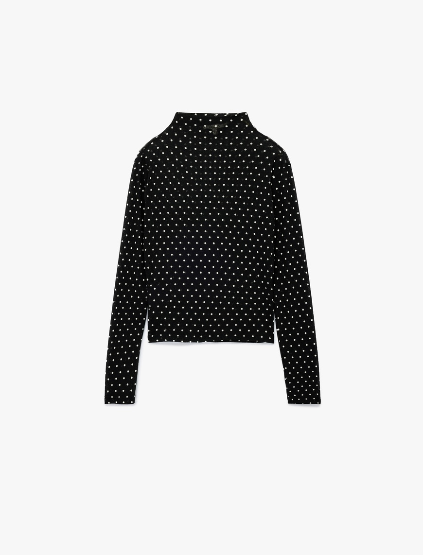   Slim Fit Uzun Kollu Dik Yaka Puantiyeli Tişört