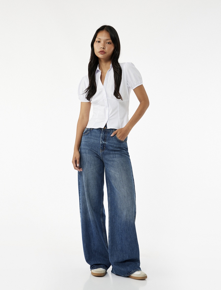   Slim Fit Kısa Kollu Klasik Yaka Düğmeli Poplin Bluz