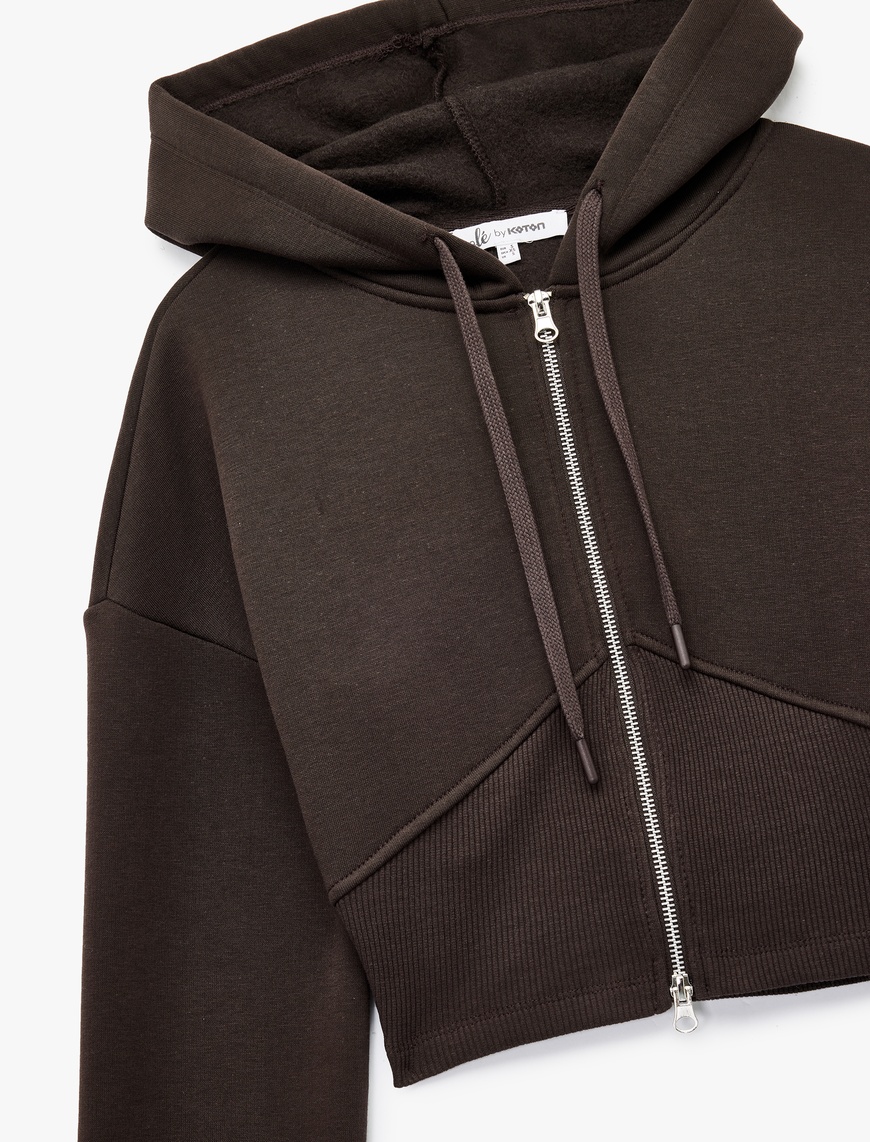   Şardonlu Kapüşonlu Korse Detaylı Fermuarlı Crop Sweatshirt