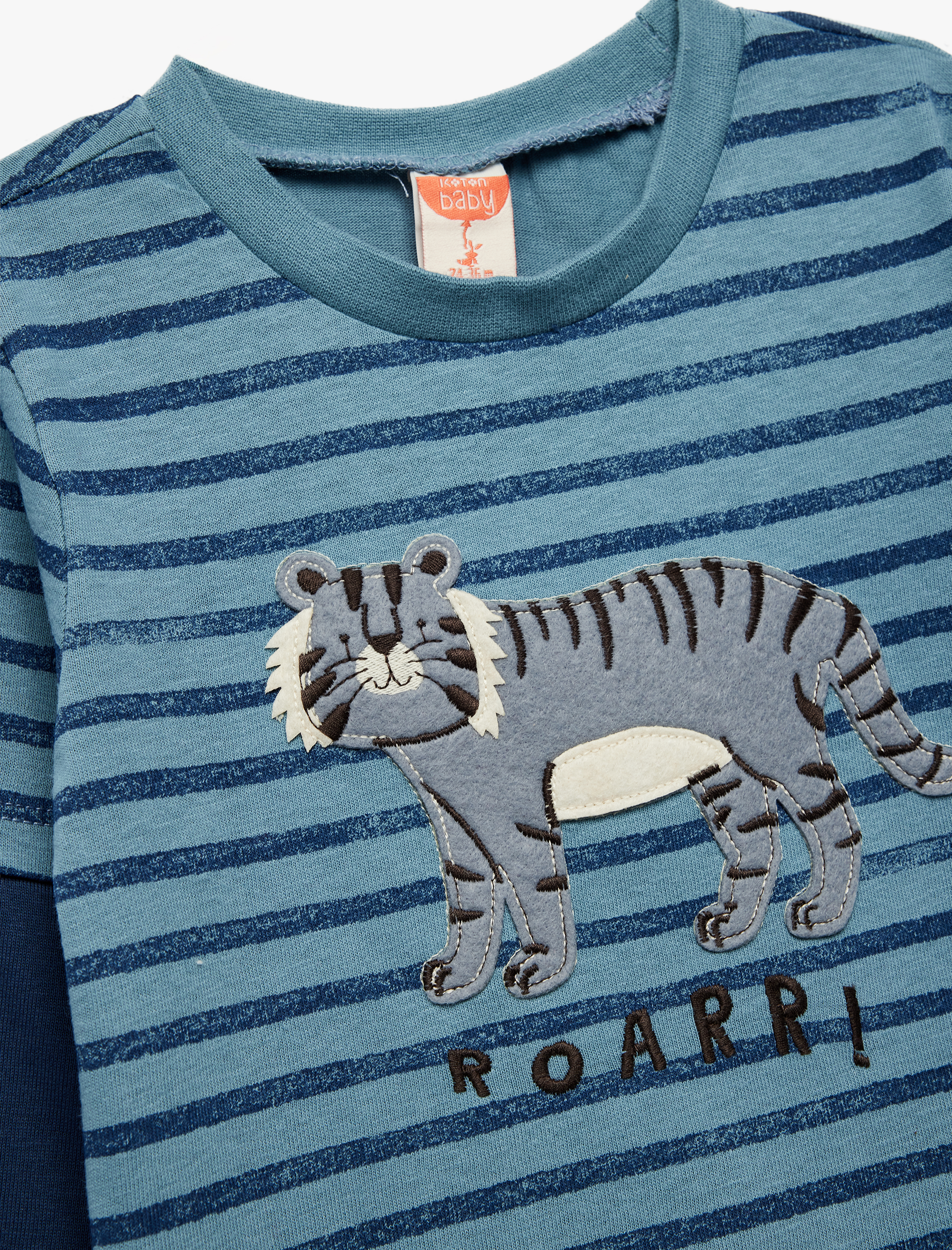  Erkek Bebek Pamuklu Bisiklet Yaka Hayvan Nakışlı Uzun Çıkma Kollu Tişört